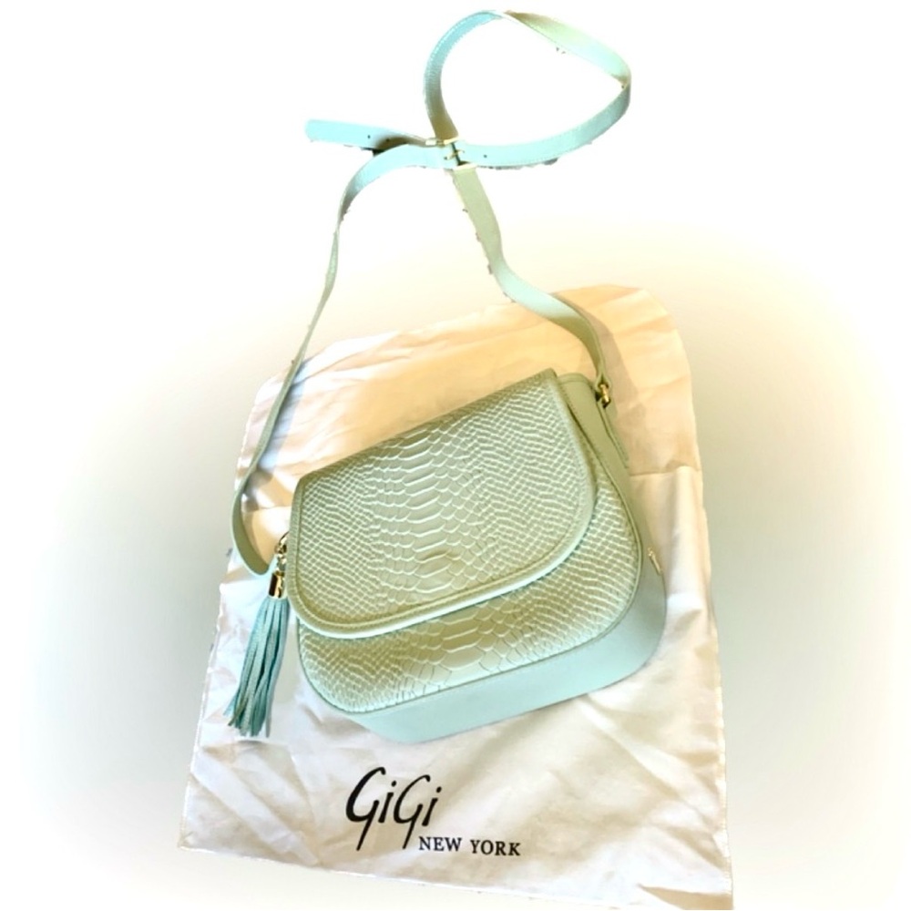 Gigi NY crossbody Purse Green Python Leather shoulder bag Saddle dust bag NEW - Picture 2 of 6